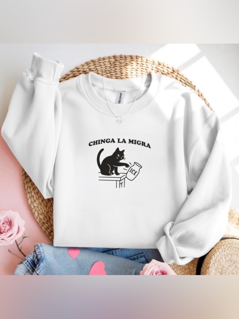 Chinga La Migra Cat Crewneck Sweatshirt Funny Latina White Sweater